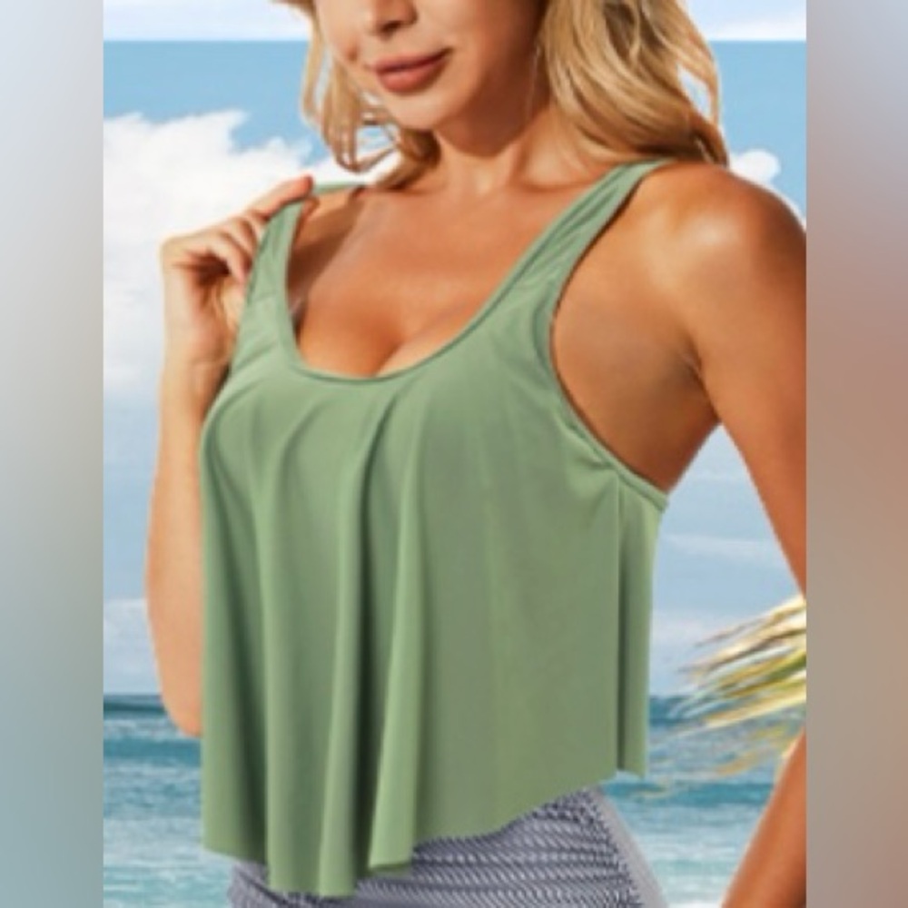 Olive Green Flared Tankini Top Size M - Picture 4 of 5